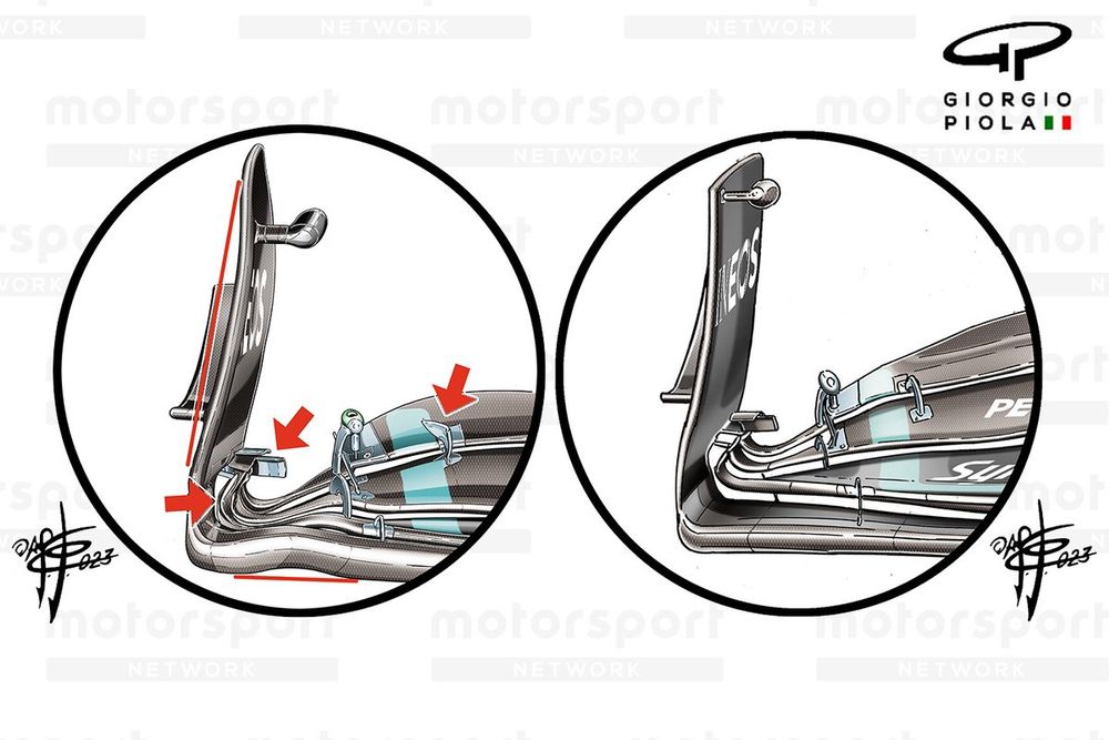 Mercedes W14 new front wing comparison, British GP