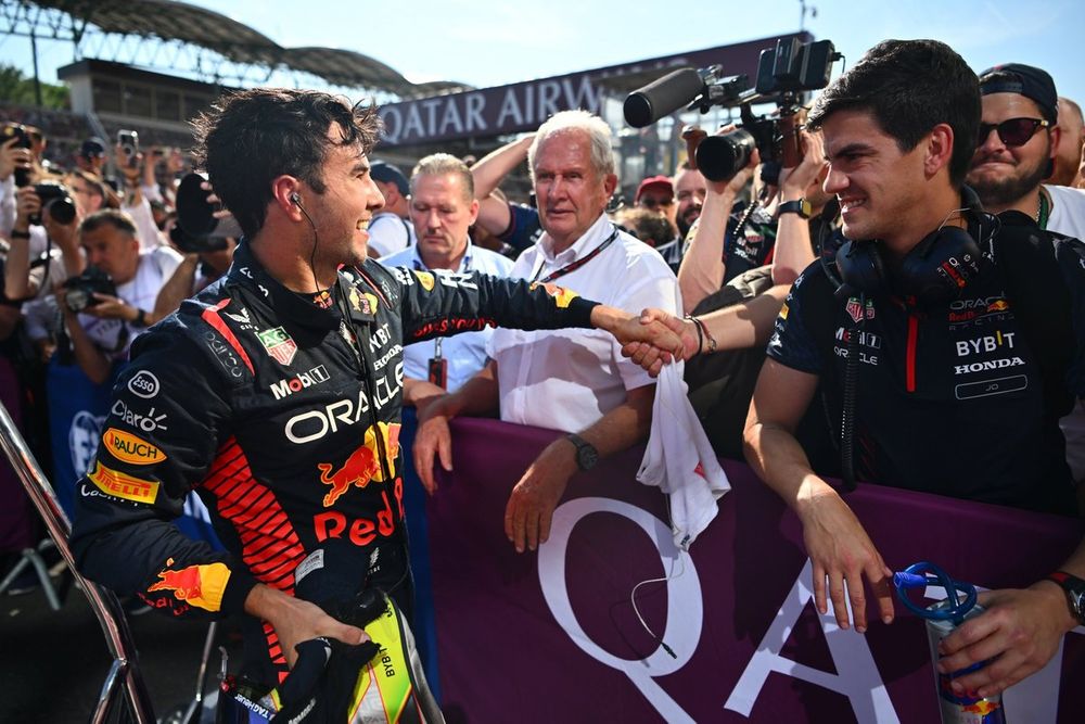 Sergio Pérez, Red Bull Racing, y Helmut Marko asesor de Red Bull Racing.