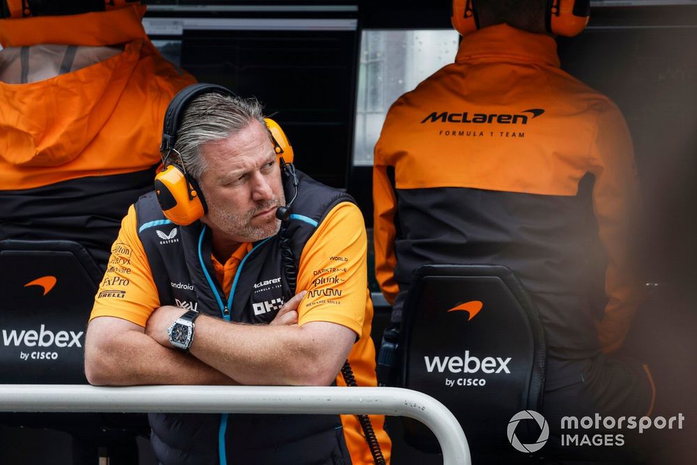 Zak Brown, CEO, McLaren Racing, on the pit wall