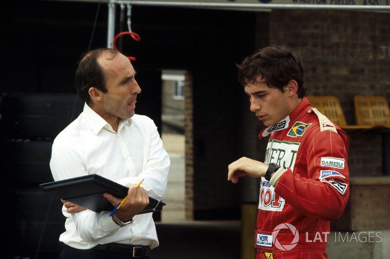 Ayrton Senna, discusses his first run in the Williams FW08C with team owner Frank Williams