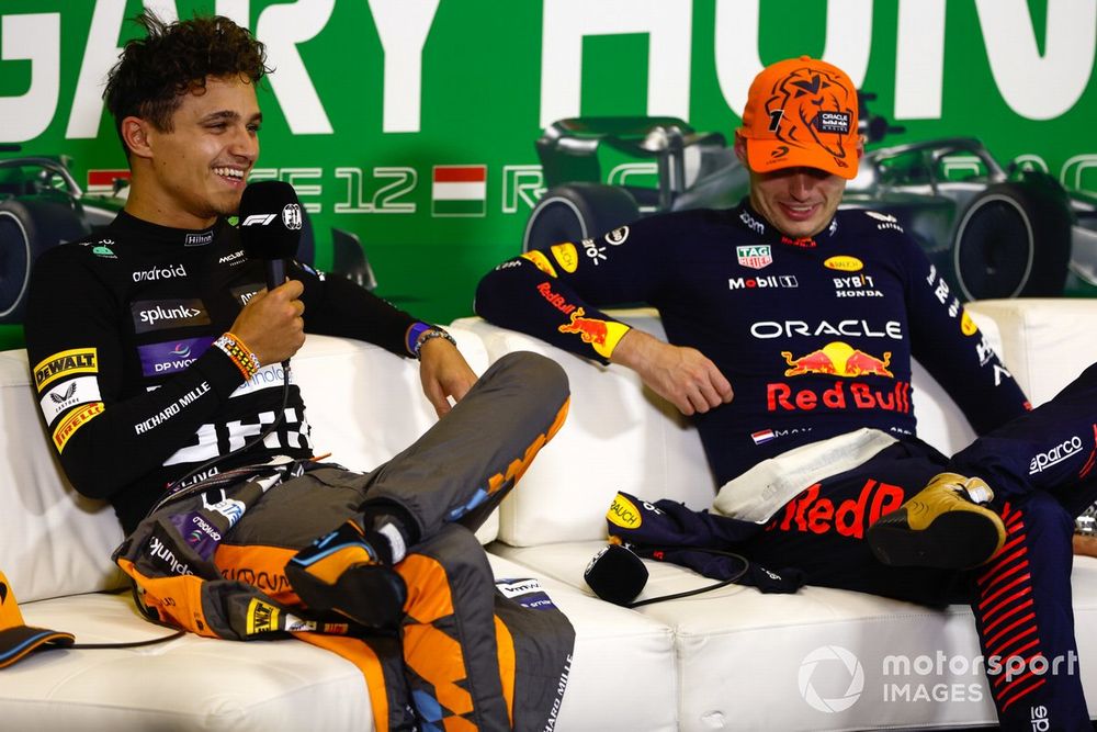 Lando Norris, McLaren, 2nd position, Max Verstappen, Red Bull Racing, 1st position, in the post race Press Conference