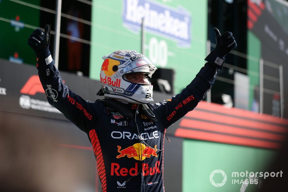 Pole man Max Verstappen, Red Bull Racing, celebrates in Parc Ferme