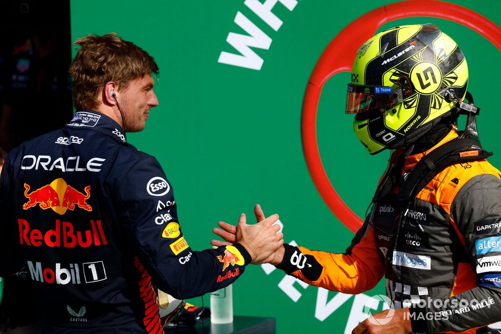 Pole man Max Verstappen, Red Bull Racing, Lando Norris, McLaren, congratulate each other in Parc Ferme