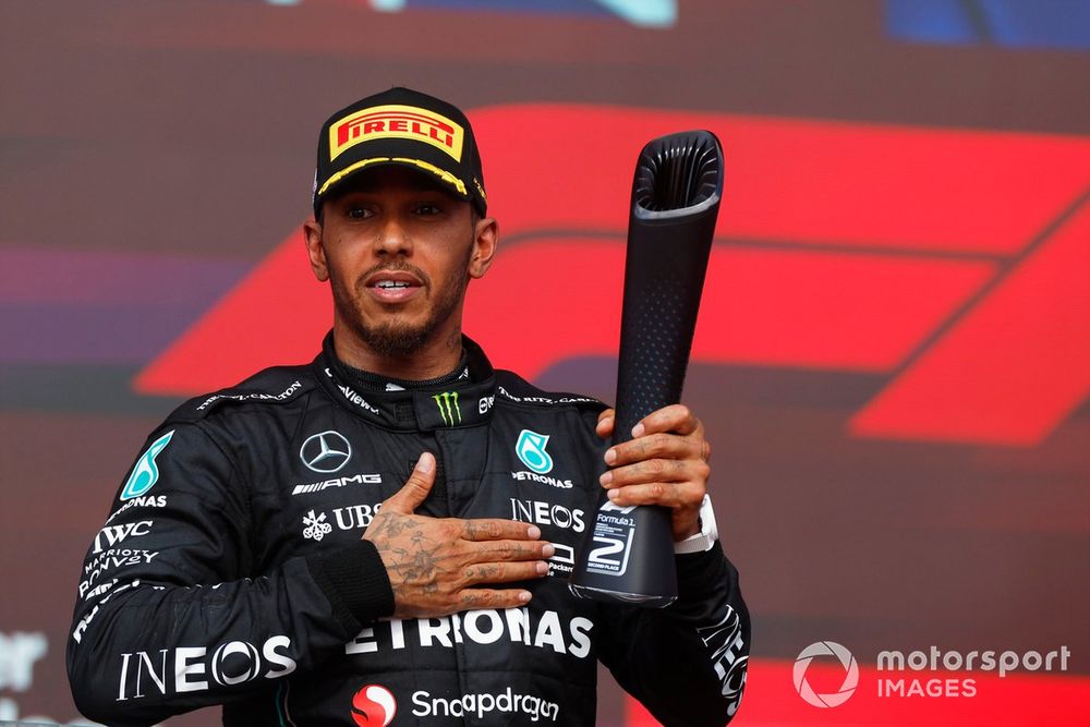 Lewis Hamilton, Mercedes-AMG, 2nd position, with his trophy