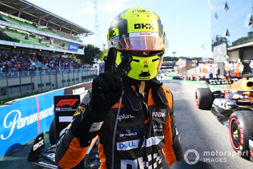 Lando Norris, McLaren, 2nd position, celebrates on arrival in Parc Ferme
