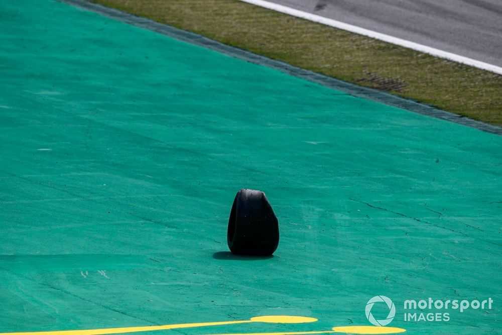 A loose tyre from the crash at the start of the race