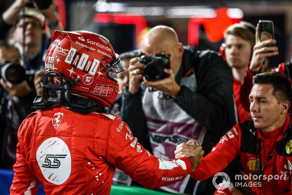 Carlos Sainz, Scuderia Ferrari, arrives in Parc Ferme after Qualifying