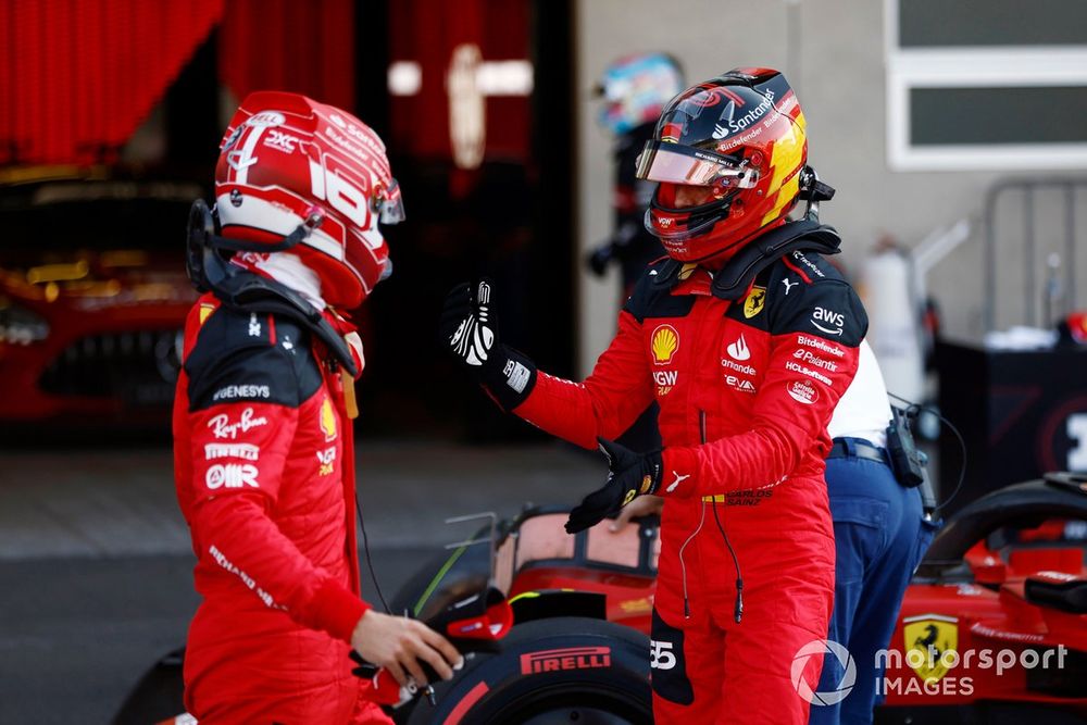 Carlos Sainz, Scuderia Ferrari, pole man Charles Leclerc, Scuderia Ferrari, congratulate each other in Parc Ferme