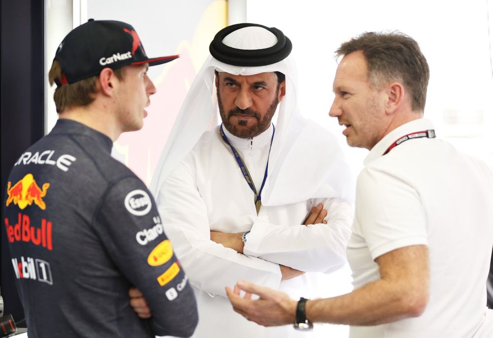 Mohammed ben Sulayem, FIA President talks with Red Bull Racing Team Principal Christian Horner and Max Verstappen of Red Bull Racing 