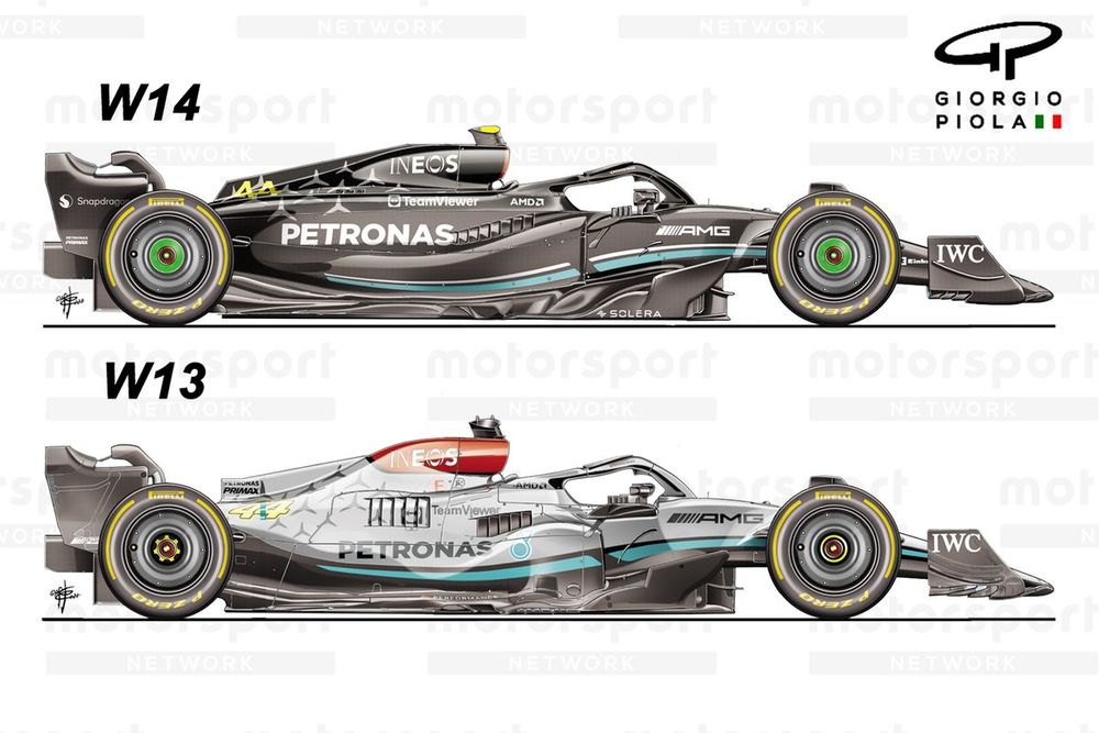 Acima, o Mercedes W14 pós-Mônaco; abaixo, o W13 com zeropod