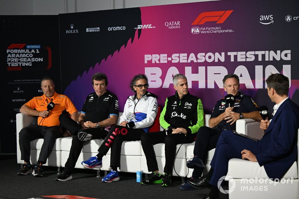 Zak Brown, CEO, McLaren Racing, Bruno Famin, Team Principal, Alpine F1 Team, Laurent Mekies, Team Principal, RB F1 Team, Alessandro Alunni Bravi, Team Representative, Stake F1 Team, Christian Horner, Team Principal, Red Bull Racing at the Press Conference