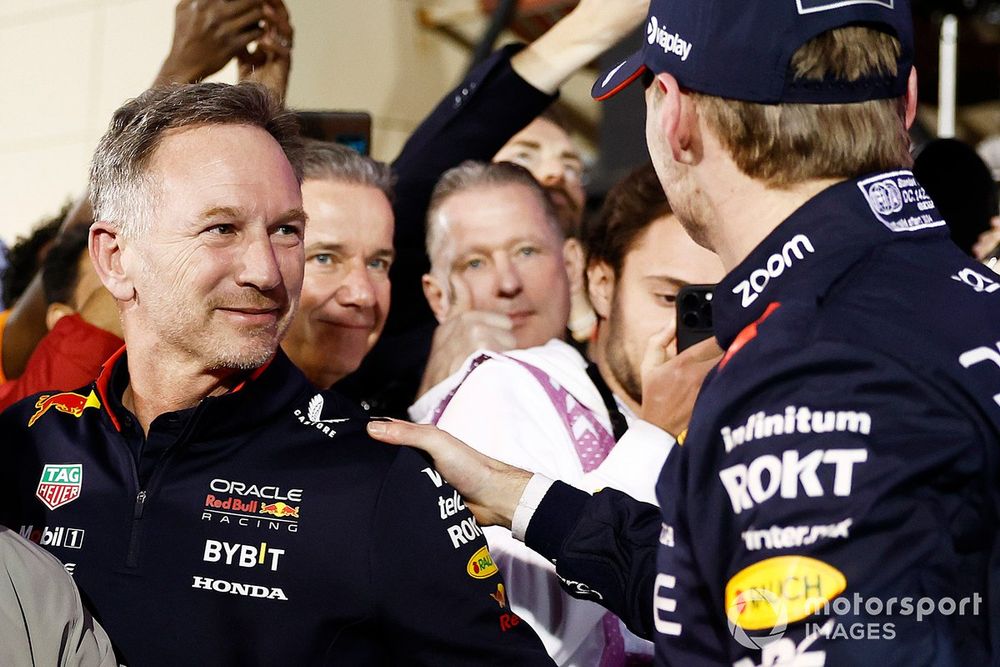 Christian Horner, Team Principal, Red Bull Racing, and Max Verstappen, Red Bull Racing, 1st position, celebrate in Parc Ferme