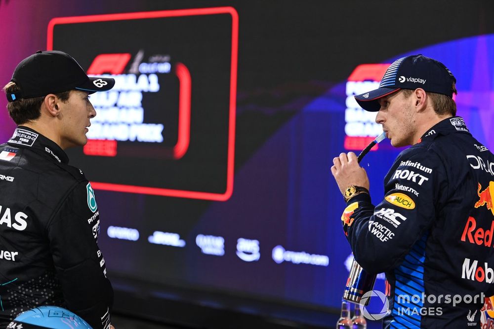 George Russell, Mercedes-AMG F1 Team, pole man Max Verstappen, Red Bull Racing, in Parc Ferme