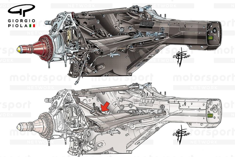 Detalhe da caixa de câmbio Ferrari SF-24: observe a haste girada mais para cima (seta vermelha)