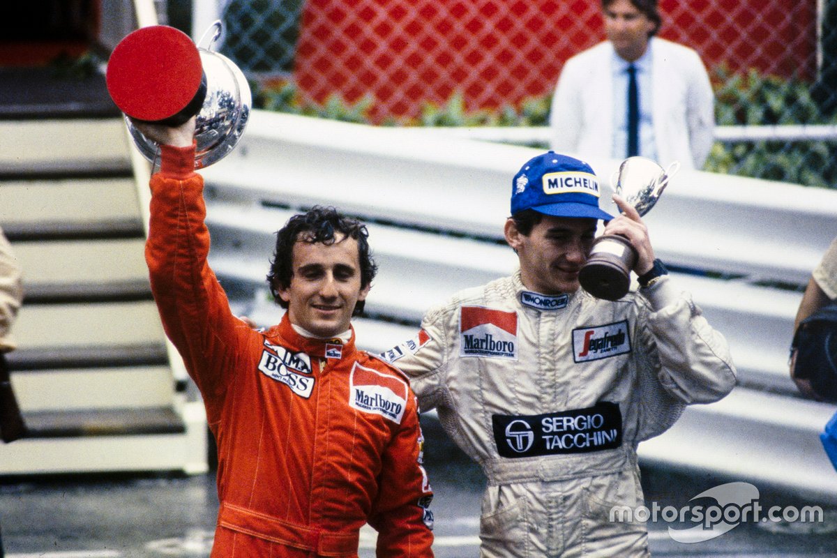 Race winner Alain Prost, McLaren and Ayrton Senna, Toleman, with their trophies