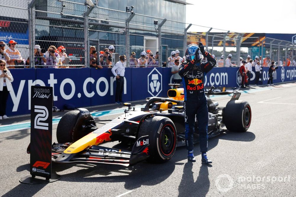 Max Verstappen, Red Bull Racing, 2nd position, arrives in Parc Ferme