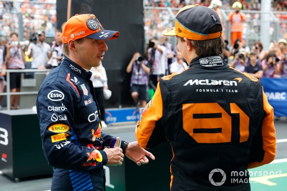 Max Verstappen, Red Bull Racing, with Oscar Piastri, McLaren F1 Team, in Parc Ferme after Qualifying