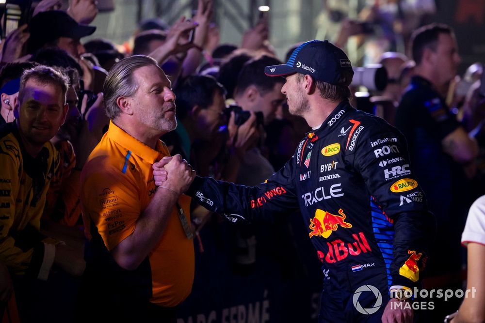 Zak Brown, CEO, McLaren Racing, and Max Verstappen, Red Bull Racing, 2nd position, congratulate each other in Parc Ferme