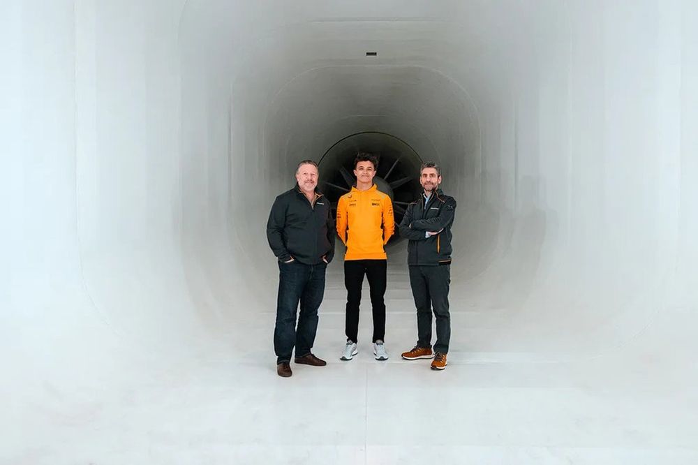 Zak Brown, Lando Norris and Andrea Stella in the new wind tunnel at the McLaren Technology Centre