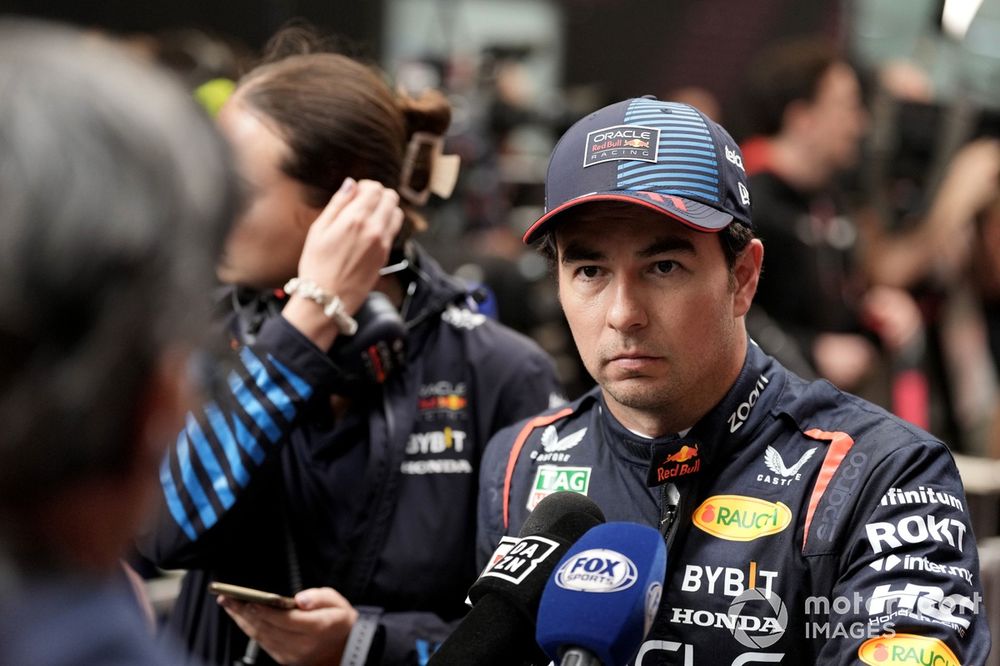 Sergio Perez, Red Bull Racing, talks to the media 