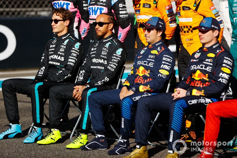 George Russell, Mercedes-AMG F1 Team, with Lewis Hamilton, Mercedes-AMG F1 Team, Sergio Perez, Red Bull Racing, Max Verstappen, Red Bull Racing, during the 2024 drivers line up