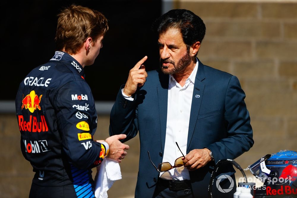 Mohammed Ben Sulayem, President, FIA, talks with Max Verstappen, Red Bull Racing, 3rd position, in Parc Ferme